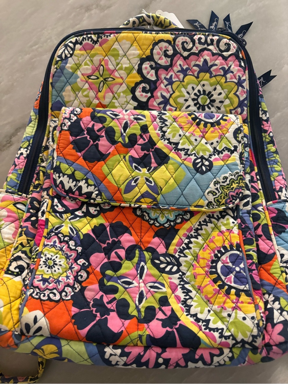 Vera Bradley Quilted Backpack in Pink, Yellow, Blue & Green Medallion Print